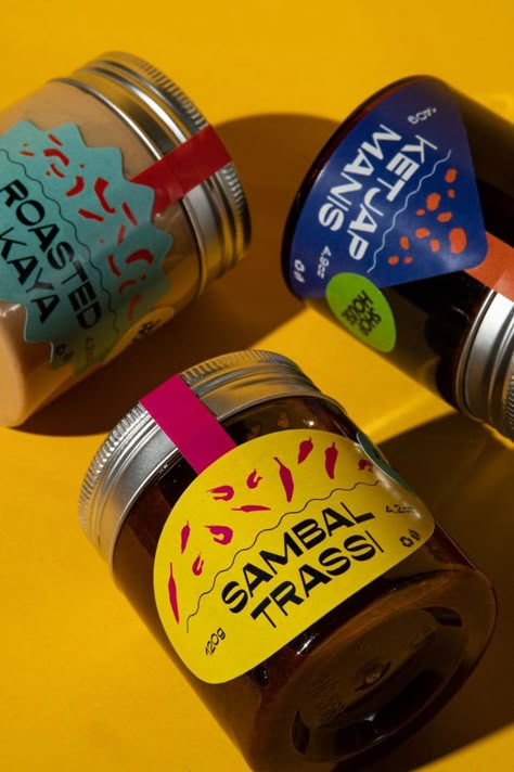 Colorful Label Design, Jar Label Ideas, Sambal Packaging Design, Sambal Packaging, Sauce Branding Label Design, Jars Packaging, Sauce Packaging Design Bottle, Unique Jars, Menu Design Inspiration