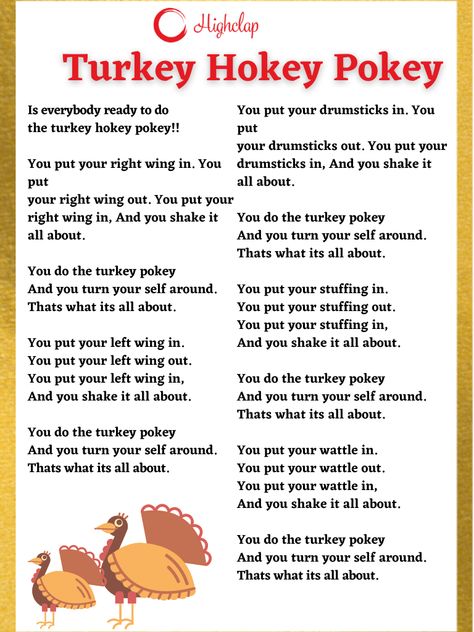 Turkey Hokey Pokey Lyrics– Thanksgiving | HighClap Turkey Pokey Song, Thanksgiving Nursery Rhymes, Turkey Circle Time Activities, Preschool Thanksgiving Songs And Poems, Turkey Rhymes Preschool, Thanksgiving Songs For Kindergarten, Turkey Songs For Preschoolers, November Songs For Toddlers, Thanksgiving Songs Preschool