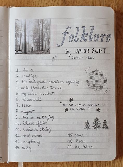 Drawing Taylor Swift, Taylor Swift Mirrorball, Folklore Album, Taylor Swift Book, Notebook Aesthetic, Folklore Aesthetic, Taylor Swift Drawing, Music Journal, Taylor Songs