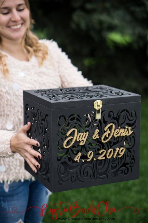 Personalized Wedding Koozies, Personalized Wedding Card Box, Wooden Card Box, Unique Engagement Gifts, Money Box Wedding, Unique Wedding Cards, Box With Lock, Wedding Koozies, Wedding Card Box