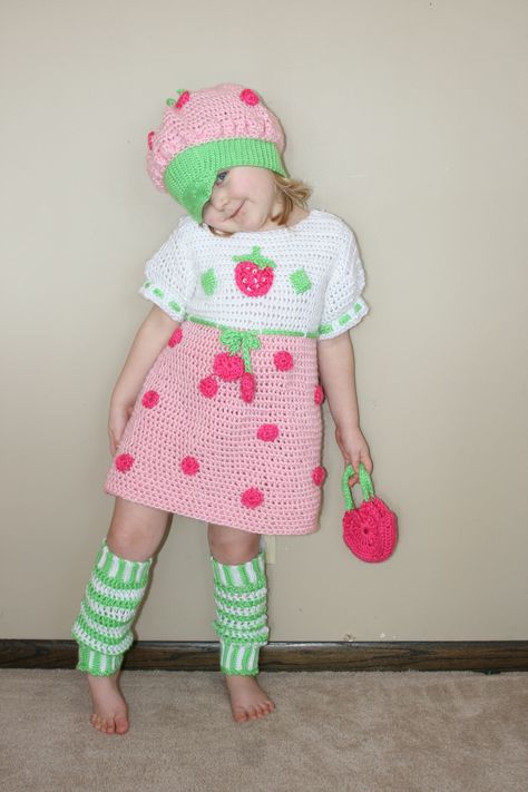 After buying two Strawberry Shortcake costumes last year, and neither lasting more than a week, I decided to venture out and make my own. Crochet Strawberry Shortcake Outfit, Crochet Strawberry Shortcake Hat, Crochet Strawberry Shortcake, Crochet Strawberry Dress, Strawberry Shortcake Crochet Blanket, Crochet Baby Props, Strawberry Shortcake Costume, Baby Spa, Crochet Baby Costumes