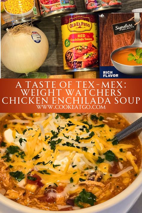 The perfect Taco Tuesday comfort food Weight Watchers Chicken Enchilada Soup!  Packed with flavorful chicken, beans, corn, enchilada sauce,and spices, makes it a delicious twist on a classic favorite. The soup is zero ww points, and the topping of sour cream and cheese won't break the point bank!  The soup is also keto for a low-carb dinner.  Perfect for cozy nights in and a family weeknight dinner.  Pin it to your Weight Watchers Recipe Pinterest board for later. Ww Chicken Enchilada Soup, Ww Soups Recipes, Chicken Weight Watchers Recipes, 7 Can Taco Soup Recipe, Weight Watchers Soups, Nacho Soup Recipe, Ww Dinner Recipes, Slow Cooker Chicken Chili Recipe, Weight Watchers Food Points