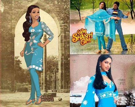 Deepika padukone "Om shanti om" Shantipriya Om Shanti Om Outfits, Iconic Bollywood Characters Costumes, K3g Outfits, Bollywood Characters Costumes, Deepika Padukone Om Shanti Om, 80s Bollywood, Retro Theme Dress, Bollywood Theme Party Dress, Nepali Clothes