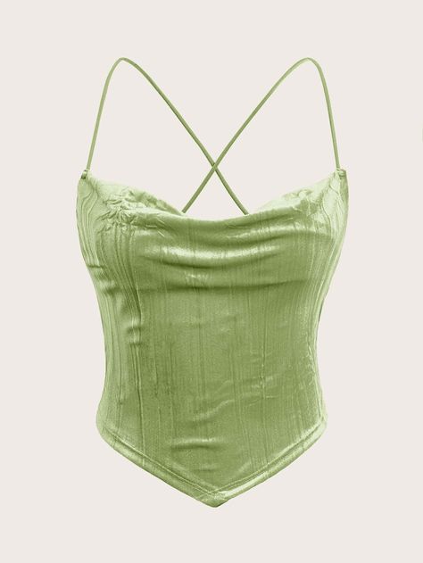 Lime Green Sexy Collar  Knitted Fabric Plain Cami Embellished Non-Stretch  Women Tops, Blouses & Tee Green Fashion Outfits, Png Outfits, Velvet Cami Top, Green Silk Top, Fancy Clothes, Outfits 2000s, Velvet Cami, Shein Icon, Concert Outfits