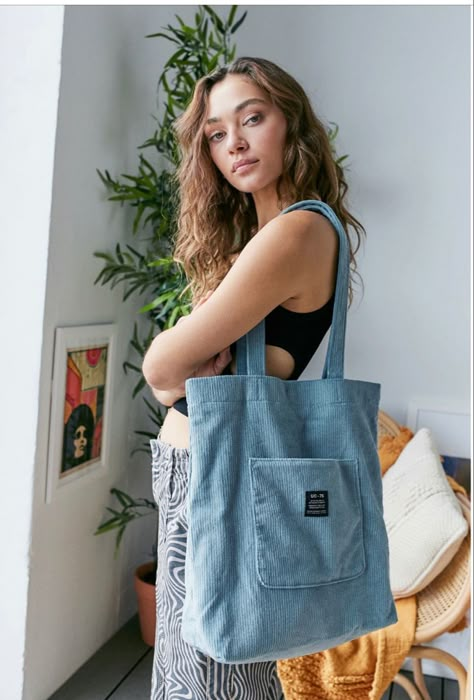 Preppy Tote Bags, Cloth Tote Bags, Diy Earrings Materials, Handpainted Tote Bags, Pretty Tote Bags, Corduroy Tote Bag, Clothes Embroidery Diy, Denim Bags, Tote Outfit