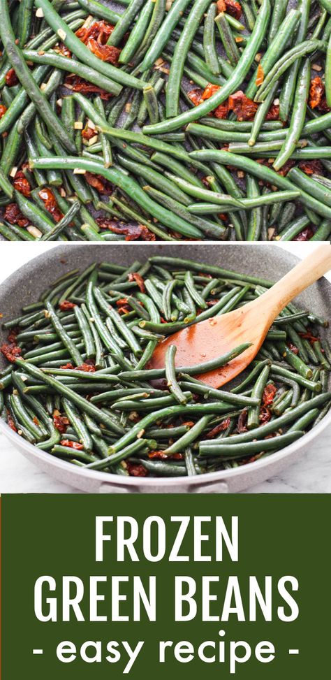 A close up shot of sauteed green beans. Below, there is an image of frozen green beans in a pan being tossed with a wooden spatula. Below that, there is a text overlay saying: Frozen Green Beans - Easy Recipe. How To Cook Frozen Green Beans On Stove, Frozen String Bean Recipes, Frozen Green Beans In Crockpot, Frozen Green Beans With Bacon, Frozen Green Bean Recipes Stove Top, Cut Green Bean Recipes, Stove Top Green Beans, Frozen Green Bean Recipes, Grilled Chicken Sides