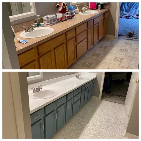 My $150 DIY Bathroom Makeover - Imgur 1970s Bathroom Remodel Before After, 90s Bathroom Vanity Makeover, Double Wide Bathroom Remodel Master Bath, Before And After Bathroom Vanity, Paint Old Bathroom Vanity, 1980s Bathroom Makeover, Adding A Bathroom To A Bedroom, Dated Bathroom Makeover On A Budget, 2000s Bathroom Update