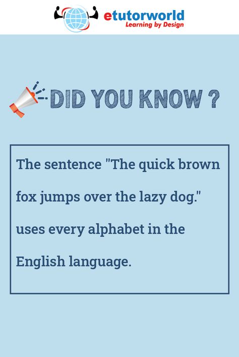 fun fact about the English alphabets... Do you know the sentence that contains all the alphabets of the English language??? #didyouknow #didyouknowfacts #dailyfacts #factsdaily #funfacts #knowledgeispower #amazingfacts #interestingfacts #generalknowledge #doyouknow Facts About English, Facts About English Language, English Facts, English Day, Interesting Science Facts, Daily Facts, Did You Know Facts, English Fun, English Sentences