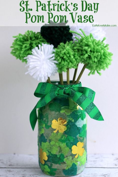 I love easy ideas for St Patrick's Day crafts for adults and for kids and this St Patrick's Day pom pom vase can be made in a single afternoon. Let the kids help or DIY on your own. Makes a great gift too! via @eatmovemake Diy St Patrick's Day Crafts, St Patrick's Day Crafts For Toddlers, Easter Art Project, March Crafts, Vase Ideas, St Patricks Crafts, Spring Art Projects, St. Patrick's Day Crafts, St Patricks Day Crafts For Kids