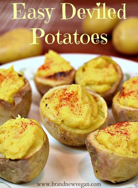 deviled potatoes pin Potato Cleanse Recipes, Vegan Deviled Potatoes, Deviled Potatoes Vegan, Snack Food For Party, Vegan Potluck Ideas, Potato Cleanse, Deviled Potatoes, Holiday Potluck Recipes, Vegan Potluck