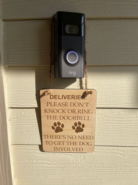 "Please Don't Knock or Ring The Doorbell - There's No Need To Get The Dogs Involved Doorbell/Door Hanging Sign. I can customize your sign if needed. Just let me know. Let your delivery driver know to quietly leave packages near the front door and to not get the dogs stirred up. Choose your design and then choose between \"DOG\" or \"DOGS\" (if you have more than one). Laser engraved. I seal each one in a weather resistant coating to increase the lifespan outdoors. Made in and ships from Texas. E No Soliciting, Delivery Driver, Ring Doorbell, Jute Twine, Door Hanging, Livingston, Sign I, Custom Sign, Bottle Opener Wall