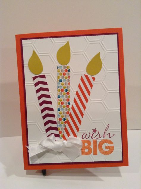 SAB. 2013 sycamore dsp, bird punch, honeycomb folder, word play, Stampin' up! www.midmostamping.com Candle Cards, Embossed Cards, Designer Series Paper, Word Play, Card Making Inspiration, The Flame, Handmade Birthday Cards, Pretty Cards, Card Sketches