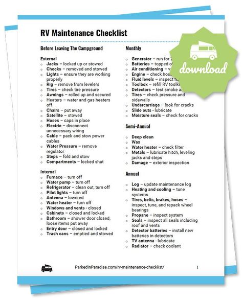 Printable rv maintenance checklist for motorhomes, 5th wheel campers, and travel trailers. Interior and exterior maintenance advice to do before leaving the campground, on a weekly, monthly, and yearly basis. Works for both RV full timers and seasonal campers Rv Living Checklist, Camper Maintenance Checklist, Rv Maintenance Checklist, Rv Maintenance Schedule, Rv Checklist Free Printable, Camper Checklist, Motorhome Life, Rv Cleaning, Motorhome Living