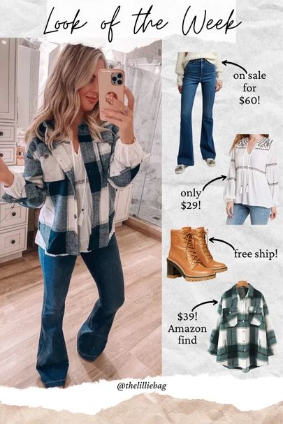 Shacket With Flare Jeans, Flare Jeans With Shacket, Flares And Shacket Outfit, Flannel With Flare Jeans, Winter Shacket Outfit, How To Wear A Shacket With Jeans, Shacket And Jeans Outfit, Long Top Outfit, What To Wear With Flare Jeans