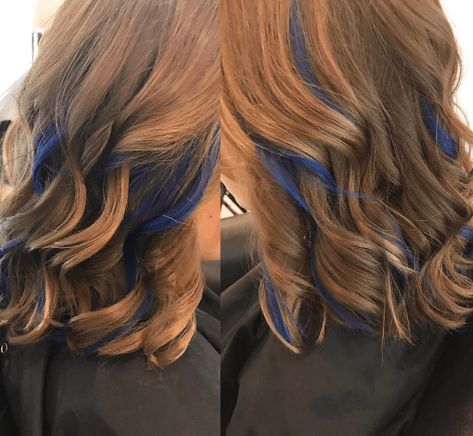 Peekaboo hair  #haircolor #hairhighlights Blue Peekaboo Highlights, Purple Peekaboo Highlights, Blue Peekaboo, Blue Brown Hair, Peekaboo Hair Colors, Peekaboo Color, Wild Hair Color, Highlight Ideas, Peekaboo Highlights