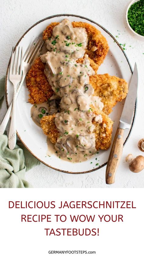 Jagerschnitzel topped with creamy mushroom sauce, garnished with parsley. Jager Snitzel Recipe, Jagerschnitzel Recipe, Jaegerschnitzel Recipe, Breaded Cutlets, Traditional German Recipes, Spaghetti Ice Cream, Authentic German Recipes, Braised Red Cabbage, Brown Sauce