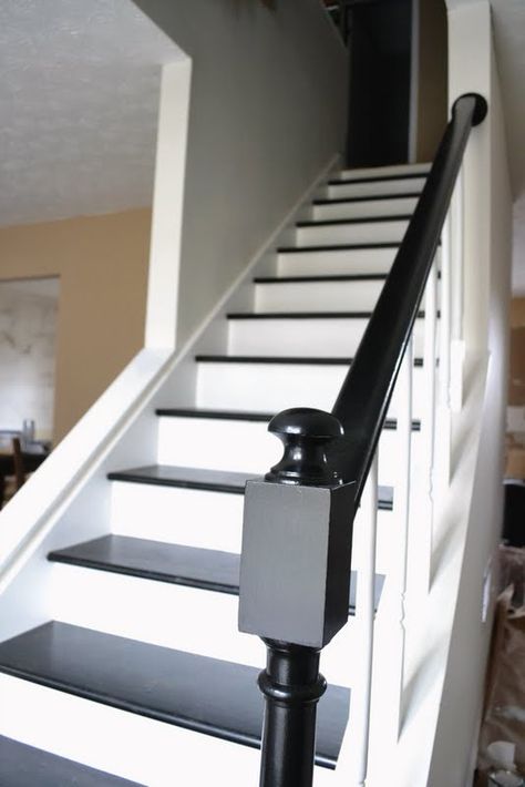 See my staircase before and after and related posts: ripping out the carpet, patching up dings, painting the treads, and the finished result! Painted Stairwell, Black And White Stairs, White Staircase, Painted Staircases, Black Stairs, Stair Makeover, White Stairs, Diy Staircase, Stair Rail