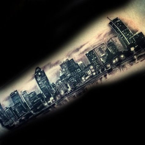 City Skyline At Night Mens Arm Tattoos City Background Tattoo Design, City Landscape Tattoo, Skyline Tattoo Men, City Scape Tattoo, Skyline Tatoos, City Tattoo Ideas, City Skyline Tattoo Sleeve, Nyc Skyline Tattoo, Chicago Skyline Tattoo