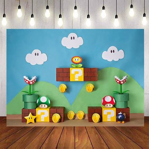 Mario Party Background, Mario Backdrop Birthday Party Ideas, Super Mario Bros Party Decorations, Mario Photoshoot, Super Mario Background, Super Mario Backdrop, Mario Backdrop, Game Night Decorations, Super Mario Room