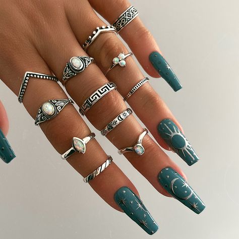 Piercings Idea, Teal Nail Designs, Black Agate Ring, Teal Nails, Hippie Nails, Classy Acrylic Nails, White Lab, Dark Nails, Acrylic Nails Coffin