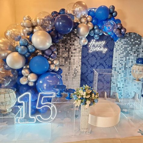 18th Blue Theme, Navy Blue Debut Theme, Sweet 16 Party Ideas Dark Blue, Blue Sweet 16 Backdrop, Sweet 16 Venues Blue, Glow Birthday Party, Glow Birthday, Quince, Sweet 16