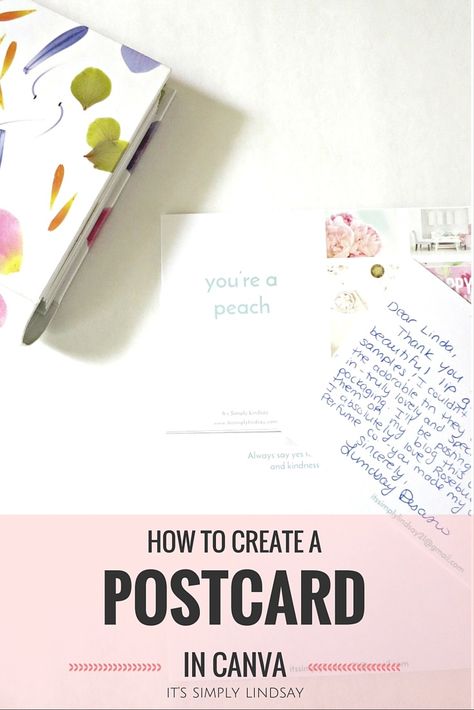 Create a Canva Postcard- It's Simply Lindsay Make Your Own Postcard, Direct Mail Postcards, Youre A Peach, Buy Stamps, Great Websites, Templates Free Design, Canva Tips, Graphic Design Elements, Postcard Template