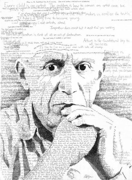 Picasso In His Own Words Typographic Portrait, Typography Portrait, Text Portrait, Text Artist, Portraits Illustrés, Vector Portrait Illustration, Word Drawings, Pablo Picasso Paintings, Art Alevel