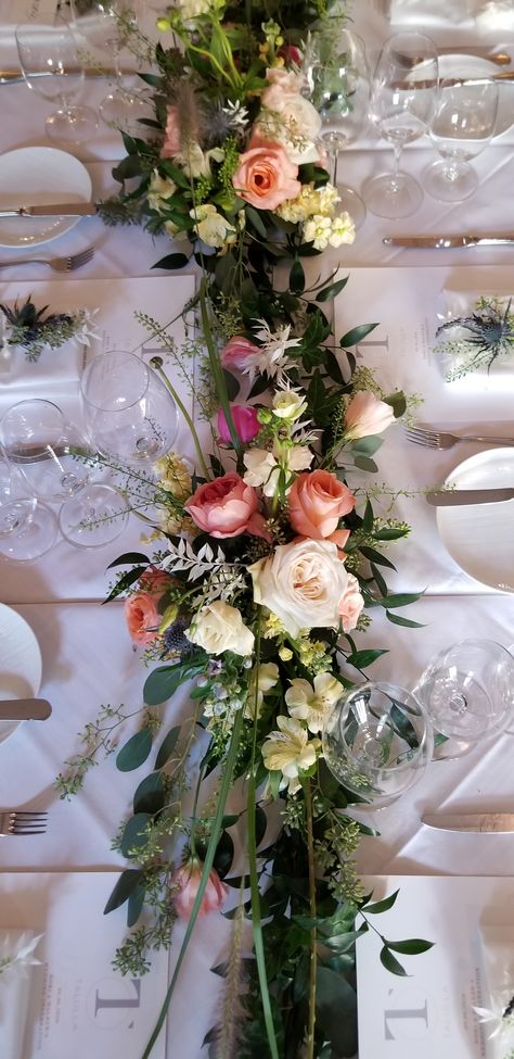 Long Table Floral Arrangements Centerpieces, Table Runners Flowers, Long Rectangular Floral Arrangement, Table Spray Flowers, Long Floral Table Arrangements, Narrow Wedding Table Decorations, Long Flower Arrangements For Table, Flower Centerpieces Long Table, Long Table Wedding Flowers