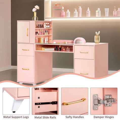 Manicure Nail Table Desk Spa Salon Beauty Station Equipment w/ Drawers + Cabinet Small Nail Desk, Manicure Desk Ideas, Manicure Station Ideas, Small Nail Salon Ideas, Nail Desk Ideas, Manicure Table Nail Station, Desk Salon, Salon Desk, Salon Storage