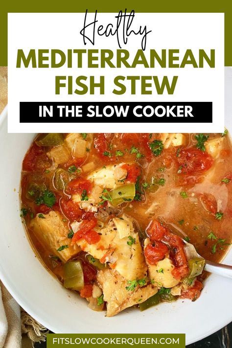 This healthy Mediterranean fish stew in the slow cooker is rich and wholesome, perfect anytime. Packed with fresh seafood and aromatic Mediterranean spices, this dish is a light and nutritious dish. This light & healthy soup is low-carb, paleo, and Whole30 compatible. Instructions to make this fish stew in the Instant Pot are also included. Mediterranean Seafood Stew, Slow Cooker Seafood Stew, Slow Cooker Recipes Fish, Slow Cooker Fish Recipes, Slow Cooker Mediterranean, Mediterranean Fish Stew, Diet Soups, Italian Fish Stew, Italian Fish