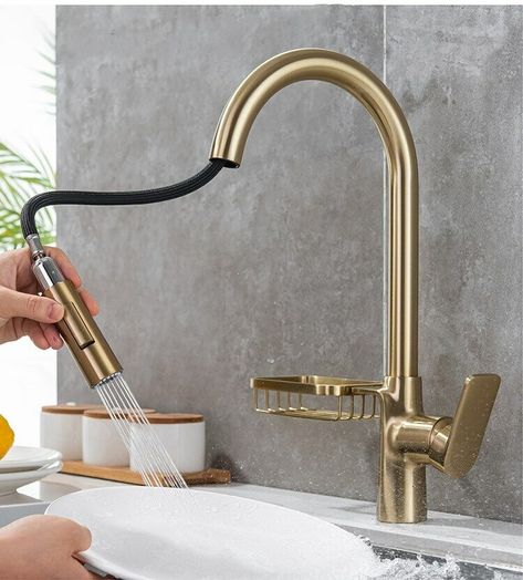 Brushed Gold Kitchen Hardware, Faucet Finishes, Gold Kitchen Hardware, Kitchen Basin Sink, Blue Kitchen Accessories, Country Chic Kitchen, Brass Kitchen Tap, Basket Shelf, Kitchen 2023