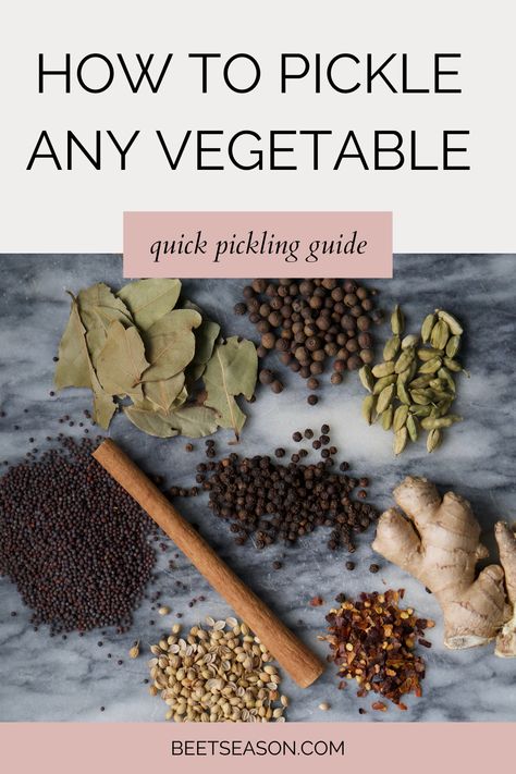 #pickling #pickleanything Quick pickling is one of the easiest ways to preserve vegetables. This guides tells you all you need to know to pickle any vegetable. Pickle Recipes With Pickling Spice, How To Use Pickling Spice, How To Make Pickling Spice At Home, Easy Pickling Spice Recipe, Yellow Radish Pickle, Preserve Vegetables, How To Boil Beets, Dill Rice, Season Recipes