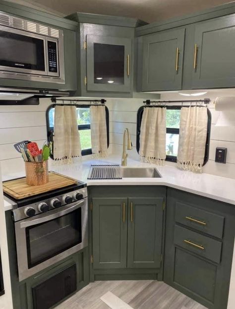 Green Cabinets In Camper, Coachmen Camper Remodel, Renovated Camper Kitchen, Green Interior Camper, Sage Green Rv Interior, Sage Green Camper Interior, Green Camper Cabinets, 5th Wheel Bathroom Remodel, Trailer Life Aesthetic