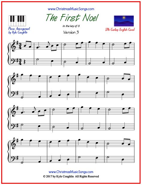 Simple version of piano sheet music for The First Noel. Free printable PDF. #pianomusic #pianosheetmusic #christmasmusic #thefirstnoel Simple Piano, Christmas Piano Sheet Music, Sheet Music With Letters, Free Printable Sheet Music, Piano Lessons For Beginners, Keyboard Music, Hymn Art, Trumpet Sheet Music, Christmas Piano