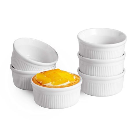 ComSaf White Porcelain Ramekins, 175ML Baking Cups for Souffle, Creme Brulee, Custards, Pudding and Ice Cream - Durable Pack of 6: Amazon.co.uk: Kitchen & Home Ramekin Dishes, Egg Cups Holders, Souffle Dish, Tasty Desserts, Dipping Sauces, Glass Candy Dish, Calorie Intake, Baking Cups, Dish Sets