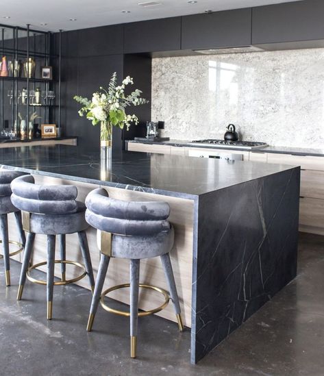 Waterfall Island Kitchen, Condo Kitchen Remodel, Modern Black Kitchen, Waterfall Island, Home Bar Rooms, Basement Kitchen, Condo Kitchen, Modern Kitchen Island, Kitchen Interior Design Modern