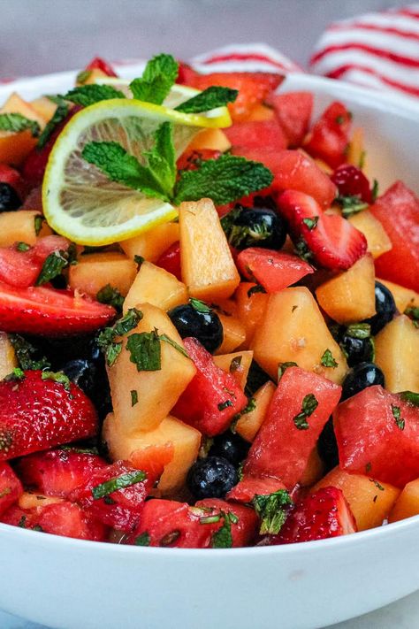 Summer Fruit Salad With Mint & Limoncello Fruit Salad With Mint, Bowl Desserts, Potluck Food, Summer Fruit Salad, Salad With Mint, Fresh Fruit Desserts, Sides Dishes, Summer Potluck, Porch Parties