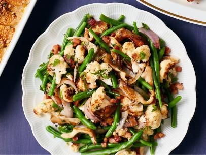 Roasted Cauliflower with Green Beans and Mushrooms Recipe | Food Network Kitchen | Food Network Green Beans And Mushrooms, Roasted Cauliflower Tacos, Green Beans Mushrooms, Cauliflower Recipe, Roasted Green Beans, White Bean Soup, Green Bean Recipes, Green Bean, Cauliflower Recipes