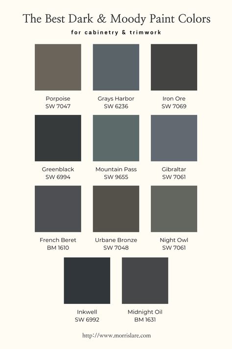 Trim For Dark Walls, Dark Wall White Cabinets, Dark Cottage Core Paint Colors, Dark Wall Dark Trim, Best Dark Cabinet Paint Colors, Dark Island Paint Colors, Dark Color Cabinets Kitchen, Dark Interior Colors, Light Cabinets Dark Walls