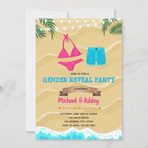 Bikini or Board shorts Gender Reveal party invite Gender Reveal Pool Party, Gender Reveal Beach, Beach Baby Showers, Bee Gender Reveal, Gender Reveal Party Invitations, Gender Party, Gender Reveal Invitations, Reveal Ideas, Reveal Party