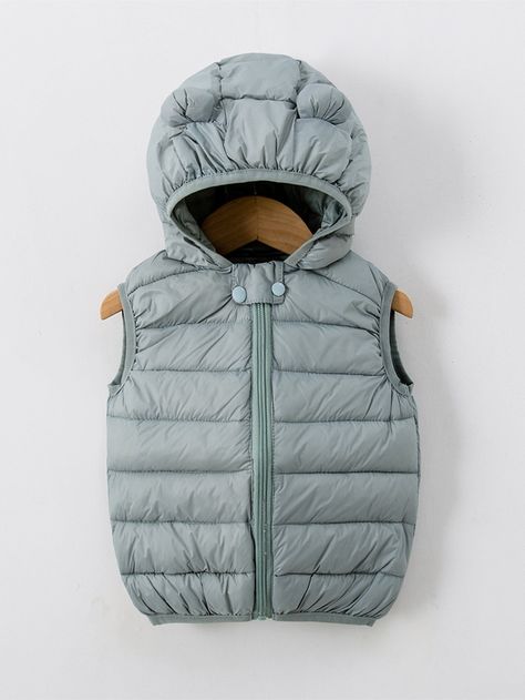 Green Casual  Sleeveless Polyester Plain Puffer  Non-Stretch Winter Toddler Girls Clothing Puffer Vest With Hood, Hooded Puffer Vest, Bubble Coat, Puff Jacket, Vest Coat, Down Vest, Winter Coats, Toddler Girl Outfits, Puffer Vest