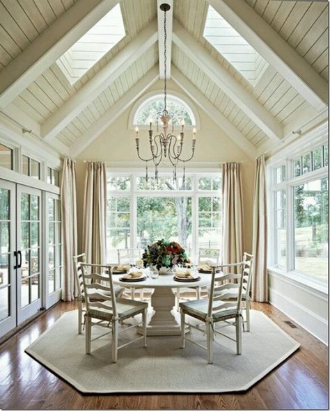 love the cathedral ceiling, beams, skylights and all the great windows in this room - just lovely! Sunroom Designs, Real Estat, Villa Plan, Traditional Dining, Traditional Dining Room, Room Additions, Sunrooms, The Dining Room, Natural Home Decor