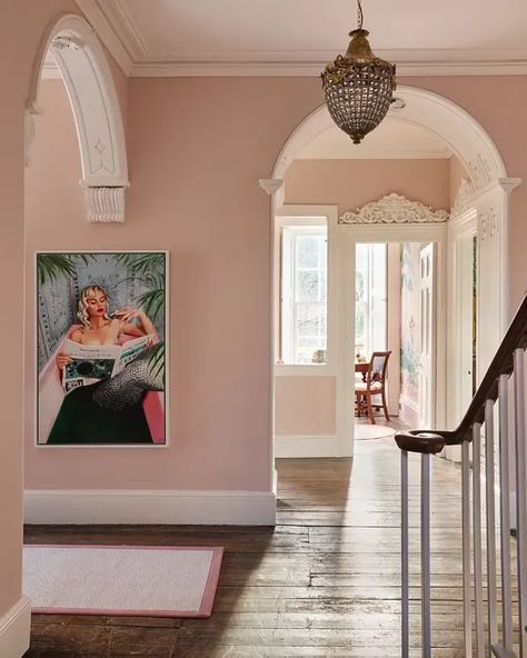 Calamine hallway paint Setting Plaster Hallway Farrow And Ball, Light Pink Hallway, Pale Pink Hallway, Calamine Farrow And Ball Bedroom, Pink Stairwell, Blush Pink Hallway, 1950s Hallway, Period Hallway, Pink Hallway Ideas