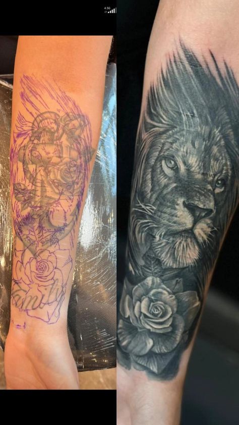 Lion Tattoo Cover Up, Lion Cover Up Tattoo, Coverup Tattoo Design For Man, Rose Cover Up Tattoo, Big Cover Up Tattoos, Coverup Ideas, Cover Up Tattoos For Men, Colored Tattoo, Big Cat Tattoo