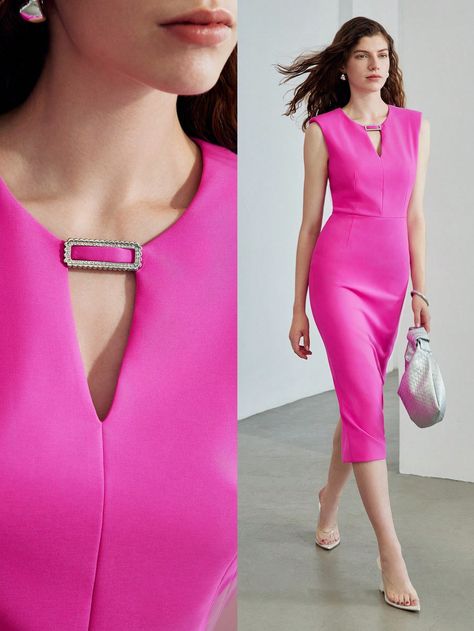 KEYHOLE NECKLINE FITTED SLEEVELESS DRESS Hot Pink Elegant  Sleeveless Woven Fabric Plain Fitted Non-Stretch  Women Clothing, size features are:Bust: ,Length: ,Sleeve Length: Keyhole Neckline, Women Midi, Womens Midi Dresses, Midi Dresses, Dress P, Gorgeous Dresses, Women Clothing, Woven Fabric, Length Sleeve