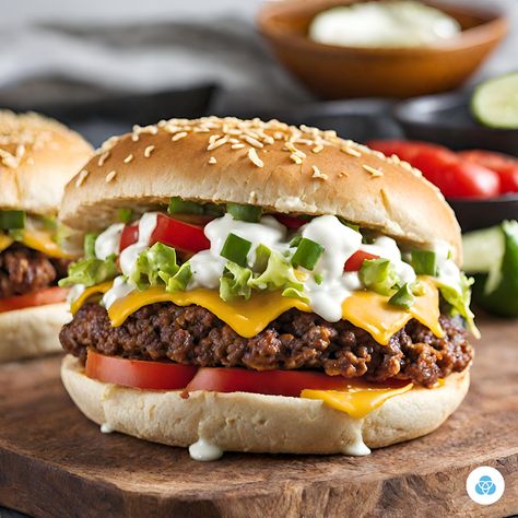 Classic Taco Burger Recipe Taco Burgers Ground Beef, Taco Burgers, Taco Burger, Sales Website, Light Salad, Burger Recipe, Hamburger Buns, Shredded Lettuce, Sweet Potato Fries