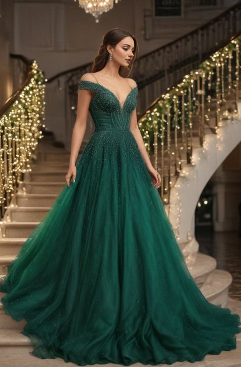 Green colour dress Green Ball Gown Prom Dresses, Emerald Green Gowns, Prom Green Dress, Green Colour Dress, Dark Green Ball Gown, Abi Ball, Green Ball Gown, Matric Dance Dresses, Debs Dress