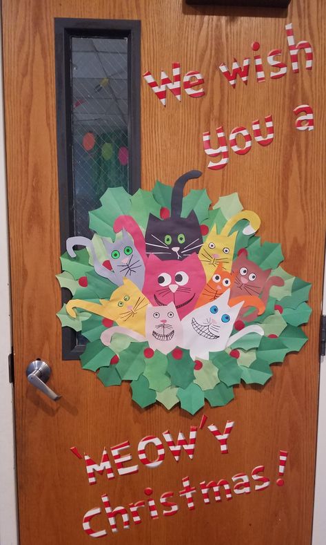 We wish you a "Meowy" Christmas door for a cat & dog themed classroom. Cat Classroom Decor, School Nurse Decorations, Nurse Decorations, Class Door Decorations, Diy Christmas Door, Christmas Door Decorating Contest, Winter Door Decorations, Christmas Bulletin Board, Classroom Doors