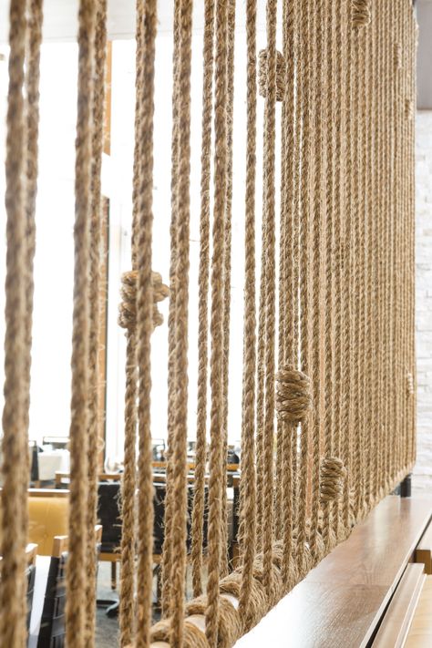 Rope Room Divider by Windy Chien seen at Fogo de Chao Brazilian Steakhouse, Dunwoody | Wescover Rope Room Divider, Diy Rope Design, Windy Chien, Divider Room, Diy Room Divider, Room Divider Walls, Room Divider Screen, Divider Screen, Divider Wall