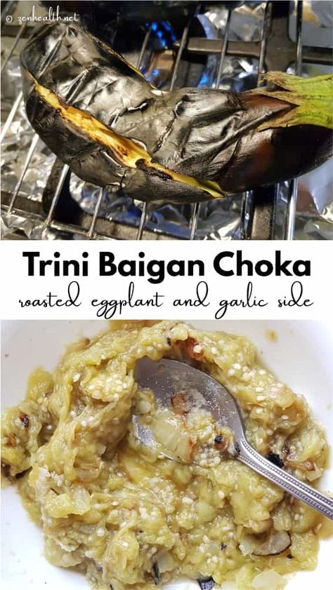 Eggplant Choka Recipe, Baigan Choka Recipe, Guyanese Eggplant Recipes, Jamaican Side Dishes, Trinidad Coconut Bake Recipe, Fiji Recipes, Caribbean Appetizers, Baigan Choka, Caribbean Vegan